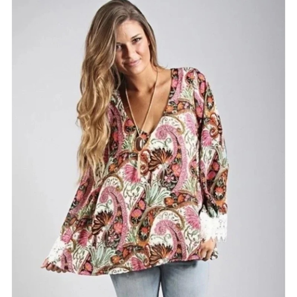 Show Me Your Mumu Multicolor Palace Paisley Mal Long Sleeve Lace Size Large